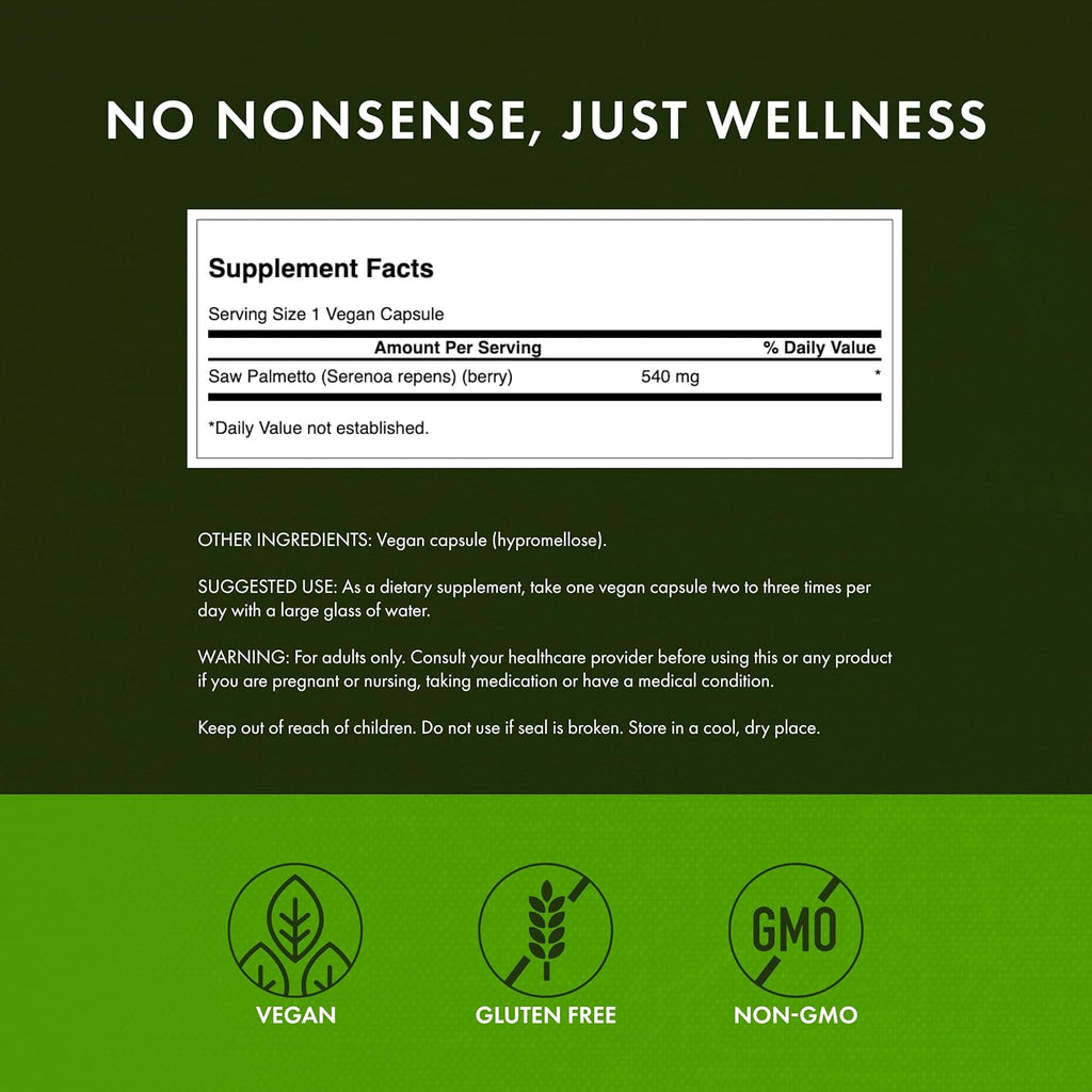 Saw Palmetto Herbal Supplement for Men Prostate Health Hair Supplement Urinary Health 540 Mg 250 Capsules