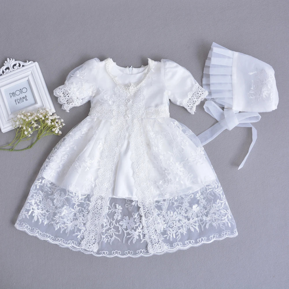 3Pcs Set Baby Girl Baptism Dress Infant Girl Christening Gown Embroidered Lace Newborn 1 Year Birthday Party Gown 0-24 Months