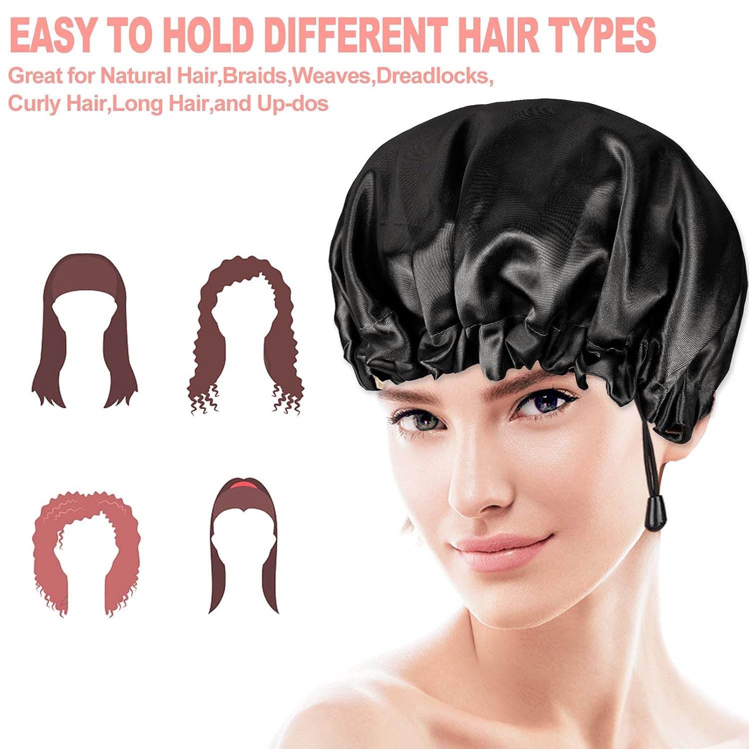 Satin Sleep Cap, Double-Sided Adjustable Bonnet Cap (Black)