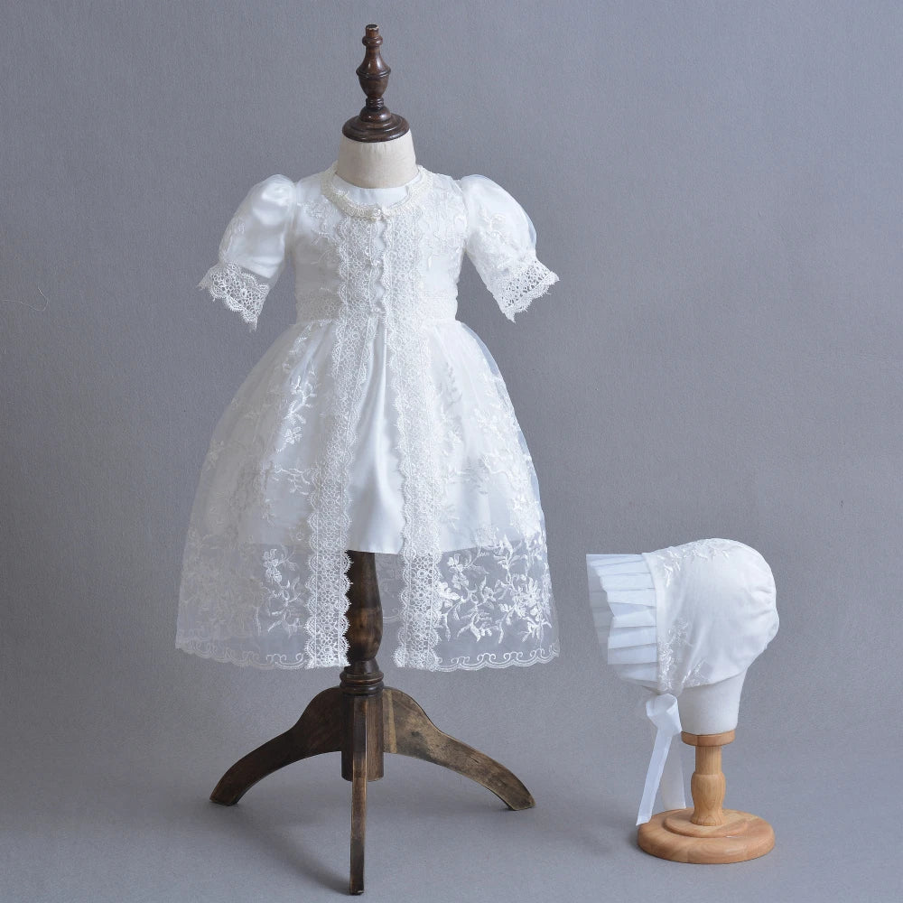 3Pcs Set Baby Girl Baptism Dress Infant Girl Christening Gown Embroidered Lace Newborn 1 Year Birthday Party Gown 0-24 Months