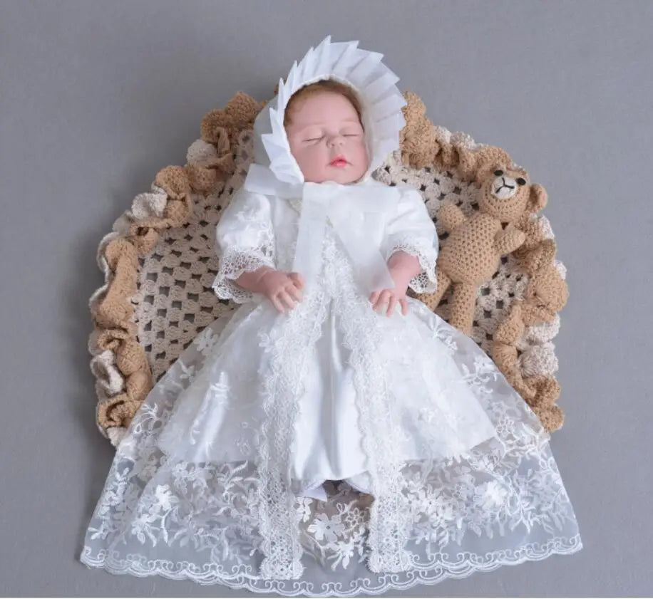 3Pcs Set Baby Girl Baptism Dress Infant Girl Christening Gown Embroidered Lace Newborn 1 Year Birthday Party Gown 0-24 Months