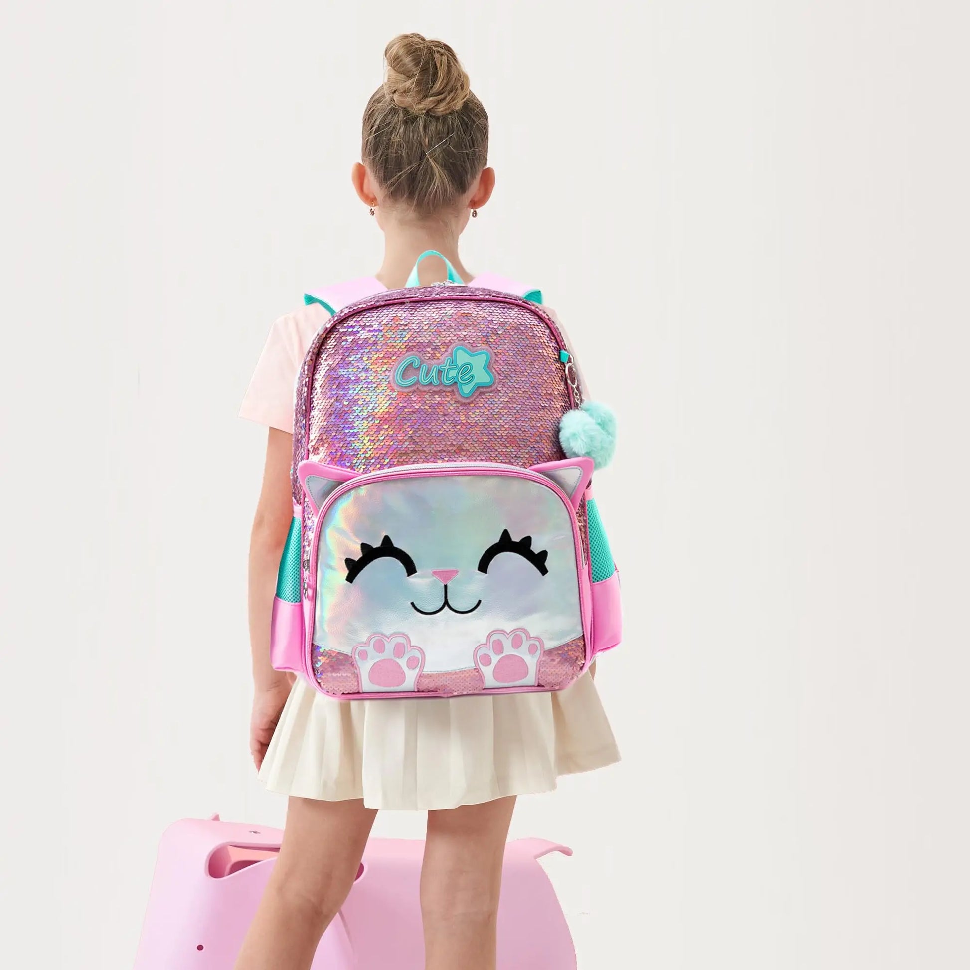 Meetbelify Backpack for Girls Schoolbag for Girls Sequin School Bookbag for Elementary Students Travel Bag with Lunch Box