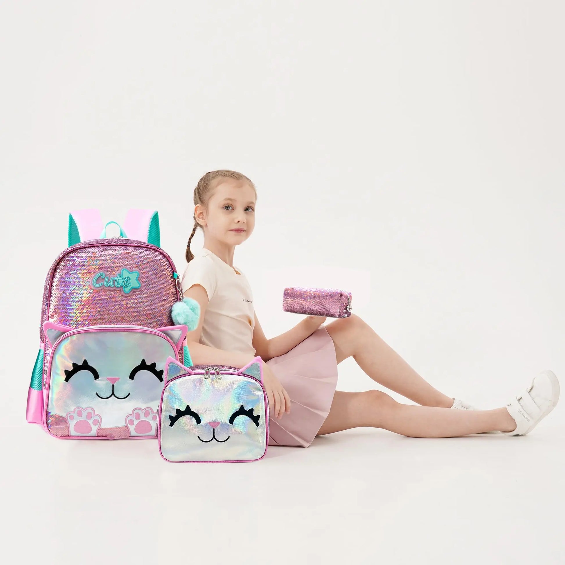 Meetbelify Backpack for Girls Schoolbag for Girls Sequin School Bookbag for Elementary Students Travel Bag with Lunch Box
