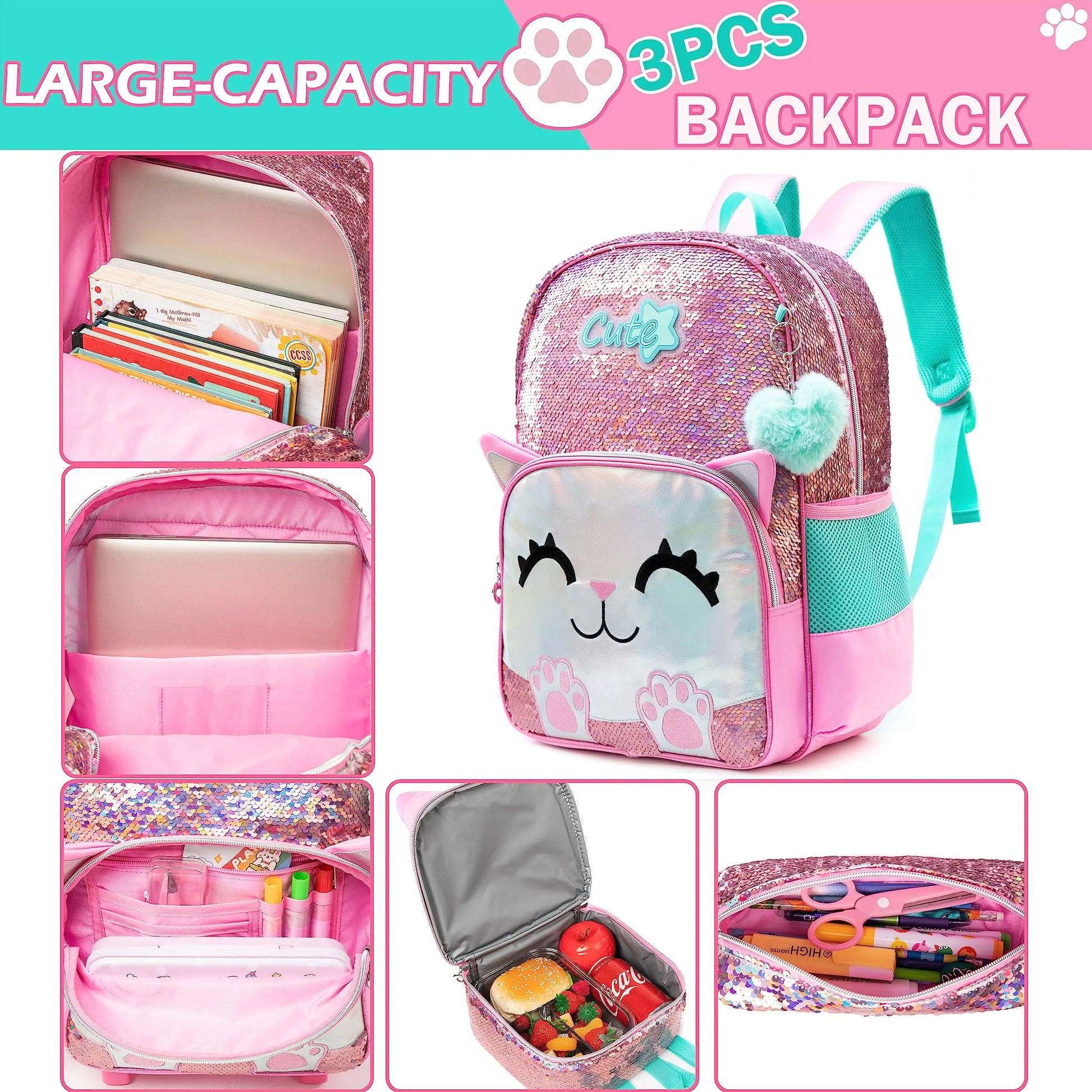 Meetbelify Backpack for Girls Schoolbag for Girls Sequin School Bookbag for Elementary Students Travel Bag with Lunch Box