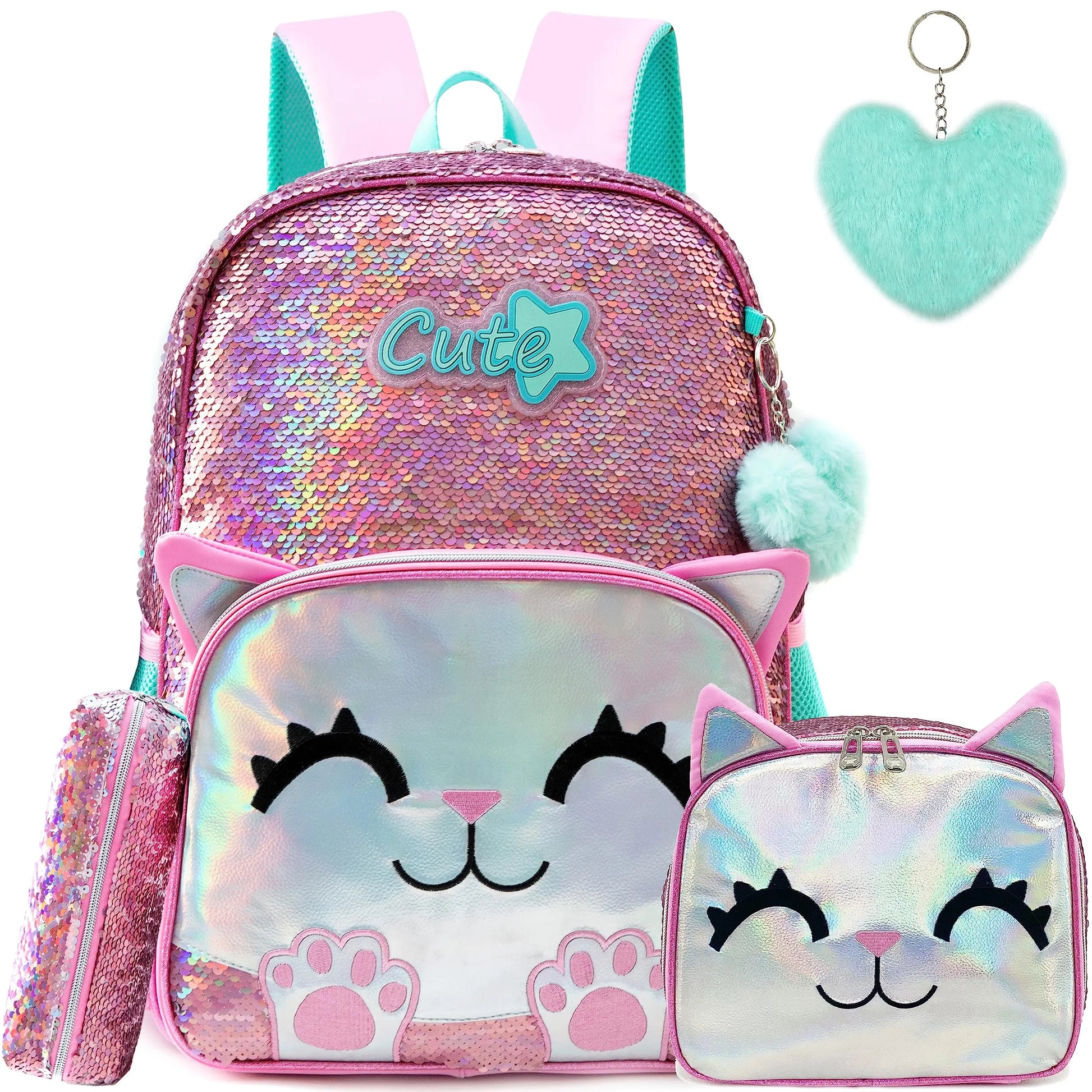 Meetbelify Backpack for Girls Schoolbag for Girls Sequin School Bookbag for Elementary Students Travel Bag with Lunch Box