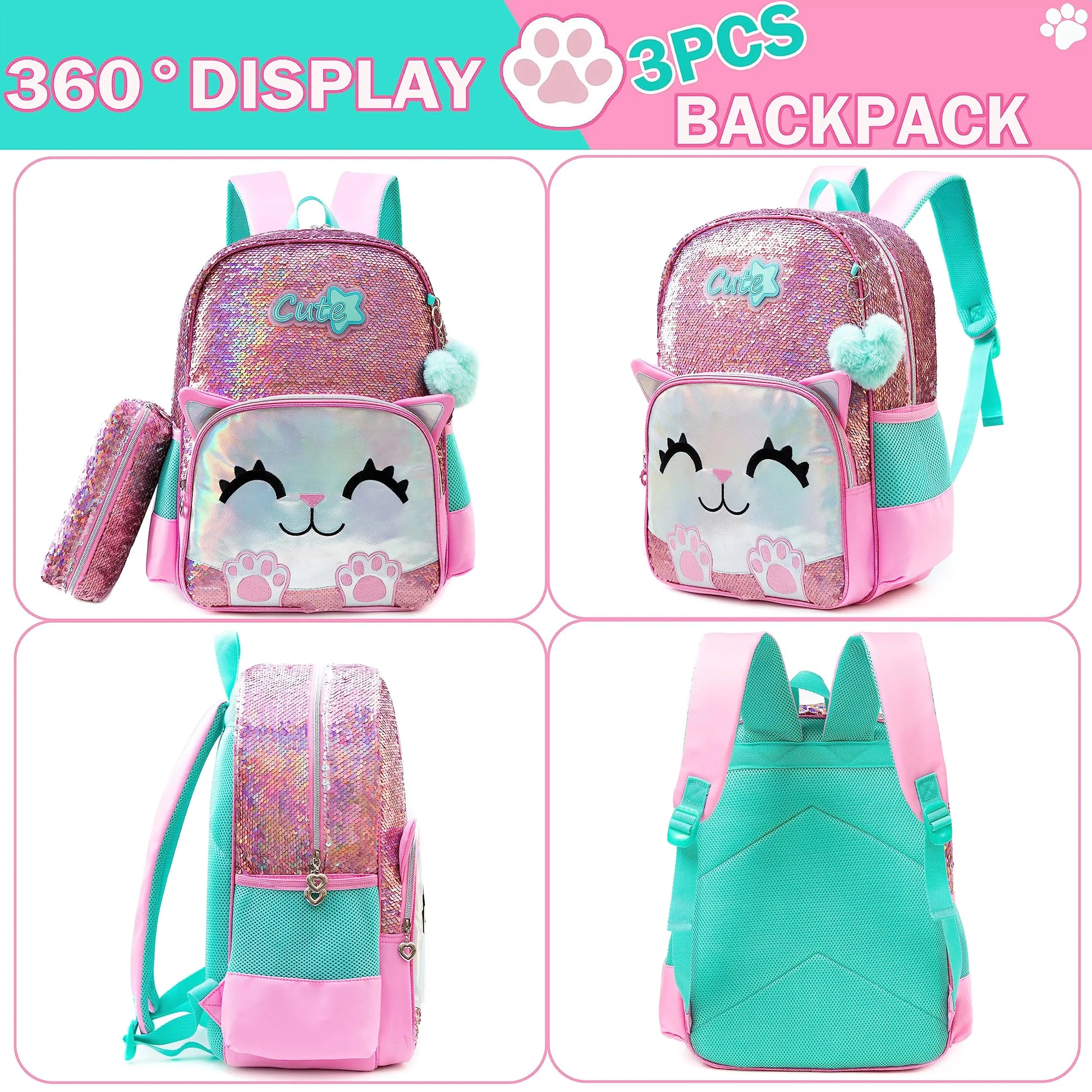 Meetbelify Backpack for Girls Schoolbag for Girls Sequin School Bookbag for Elementary Students Travel Bag with Lunch Box